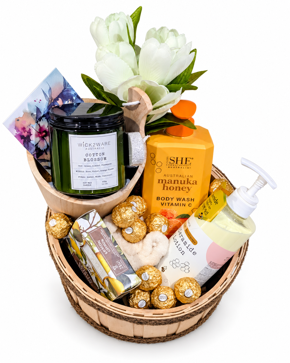 Floral pamper basket from a previous BasketsBliss customer order.