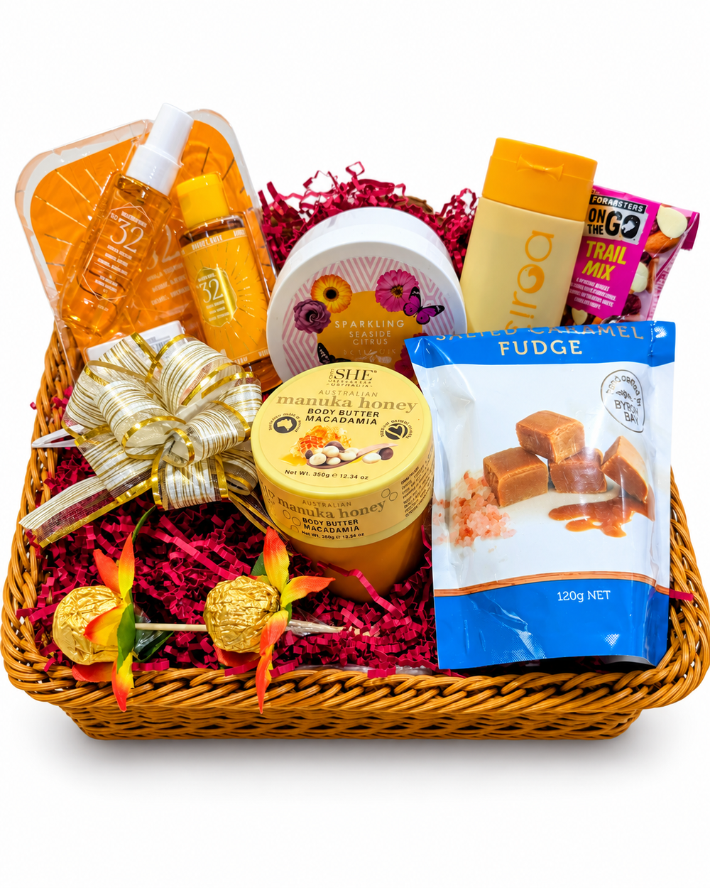Pamper and treats wicker basket from a previous BasketsBliss customer order.