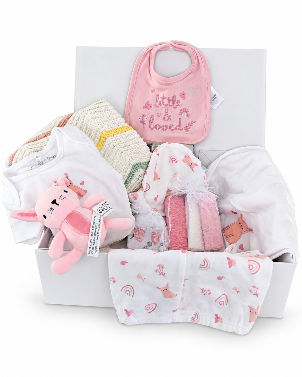 Pink baby welcome gift from a previous BasketsBliss customer order.